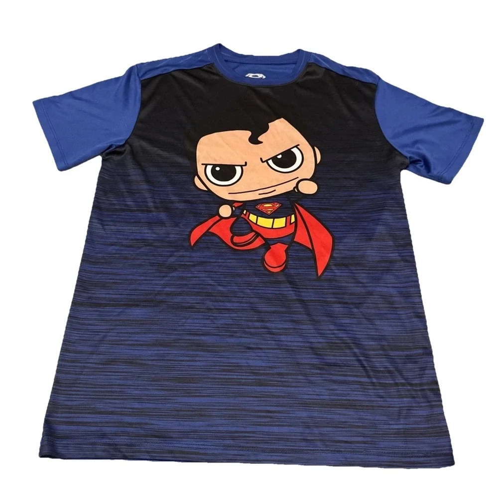 Superman Graphic Tee S Polyester‎ Superhero Chibi Activewear Blue Black Shirt